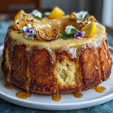 2. Bright lemon cake topped with lemon glaze and delicate edible flowers, ideal for spring celebrations.  