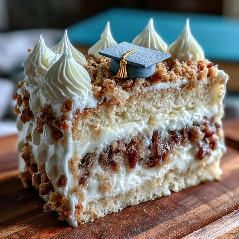 Elegant vanilla cake with gold foil accents and diploma topper for high school graduation celebration.