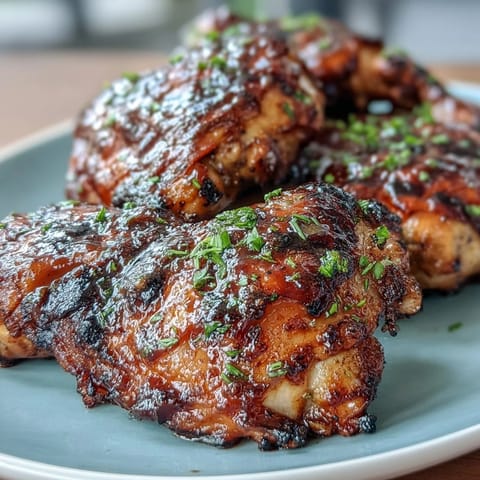 Honey Garlic Grilled Chicken Thighs sizzling on the grill with a glossy honey garlic glaze and golden crispy skin.