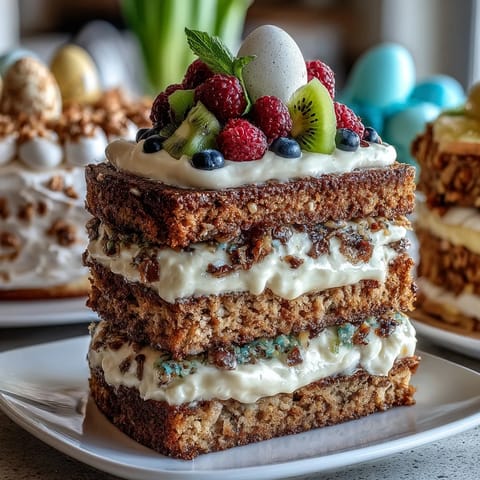 Elegant Easter dessert table featuring carrot cake, pavlova, and lemon tart in a festive spring spread.