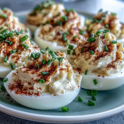 Classic deviled eggs with tangy mustard filling, garnished with paprika and chives for vibrant color and flavor.  