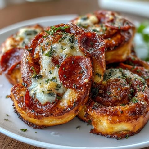 Flaky pastry pinwheels oozing with gooey mozzarella, zesty marinara, and pepperoni slices. Perfect party appetizer or quick snack.  