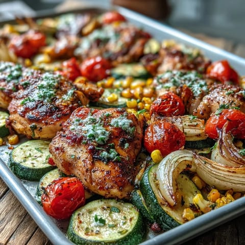 Vibrant sheet pan chicken with zucchini and corn, juicy chicken breasts roasted with sweet corn, tender zucchini, and cherry tomatoes, all seasoned with lemon-garlic marinade.