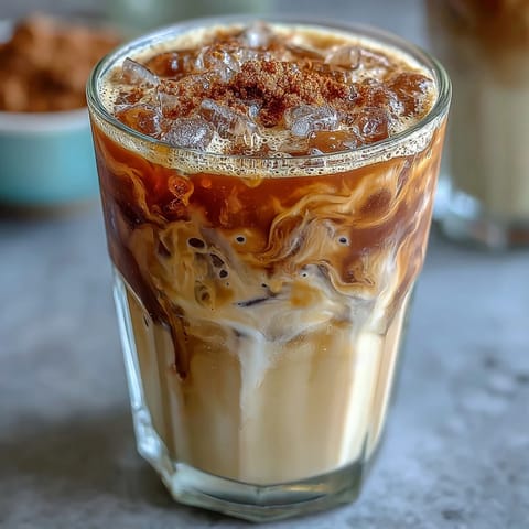 Iced brown sugar oat milk shaken espresso with frothy foam and a hint of cinnamon, served over ice in a clear glass.