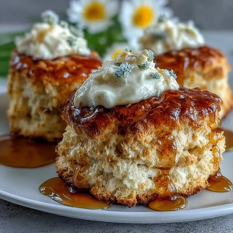 Golden scones infused with delicate dandelion honey, served warm with a generous dollop of rich clotted cream for a classic British treat.