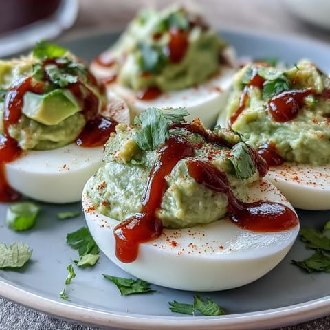 Vibrant deviled eggs filled with avocado and lime, topped with a zesty Sriracha kick for extra flavor.  