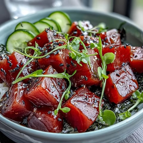 Vibrant spring tuna poke bowl featuring sushi rice, colorful veggies, and a tangy ponzu marinade.  
