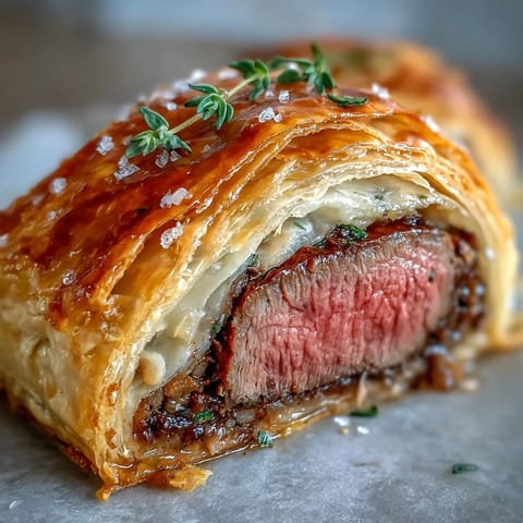 Savory prosciutto and earthy mushroom filling complement seared beef in golden, flaky puff pastry Beef Wellington parcels.