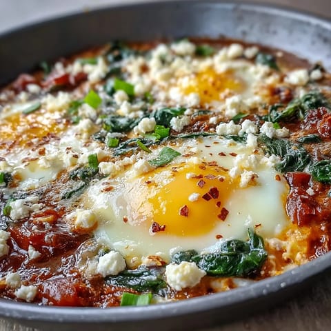 Vibrant spinach and feta shakshuka with poached eggs in a spiced tomato sauce, served with crusty bread for dipping.  