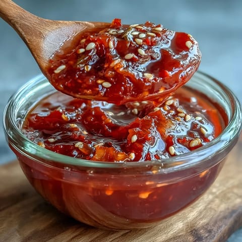 Vibrant homemade fermented hot sauce with red chili peppers and garlic, showcasing a tangy, fiery condiment in a glass bottle.  
