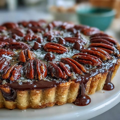 Rich Kentucky Derby Chocolate Bourbon Pecan Tart golden brown, ready for slicing.