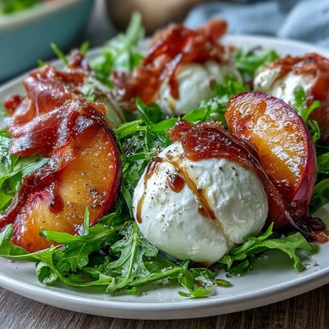 Creamy Burrata Peach Summer Salad with prosciutto, a vibrant, fresh dish.