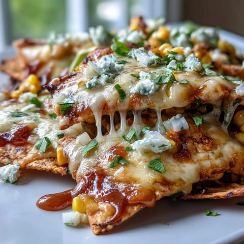 Golden Cinco de Mayo Elote Nachos topped with smoky chipotle crema.