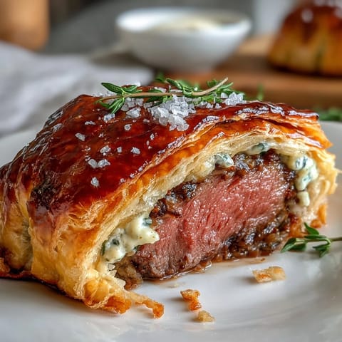 Golden puff pastry encases tender beef filet medallions and rich mushroom duxelles in these elegant individual Beef Wellingtons.