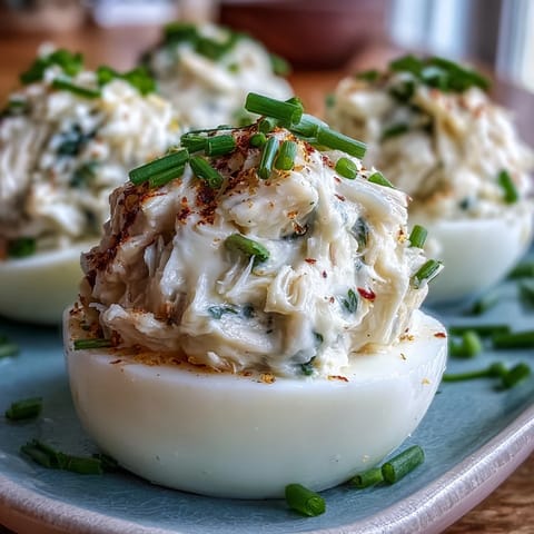 Crab Cake Deviled Eggs with Old Bay, a creamy, zesty appetizer for any occasion.