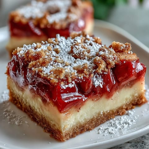 Golden Rhubarb Custard Bars with shortbread crust ready to slice and enjoy.