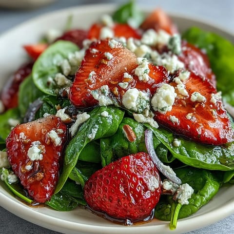 A vibrant strawberry spinach spring salad with fresh berries, creamy goat cheese, and toasted pecans in a tangy balsamic dressing.  