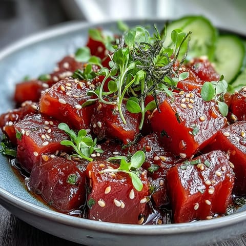 Fresh tuna poke bowl with crisp cucumber, radish, and creamy avocado, drizzled with zesty ponzu sauce.  