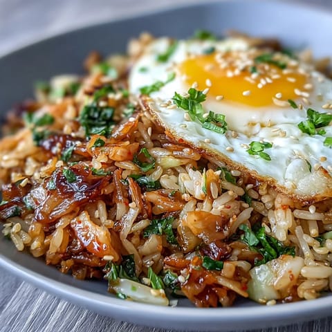 Spicy kimchi cabbage fried rice with a golden fried egg, vibrant vegetables, and sesame seeds for crunch.