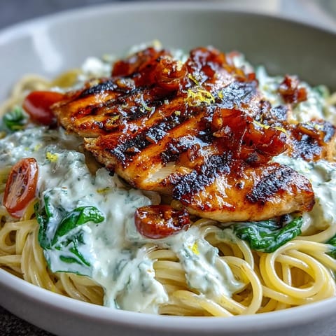 High-protein pasta bowl with grilled chicken, creamy cottage cheese, and fresh spinach for a nourishing meal.  
