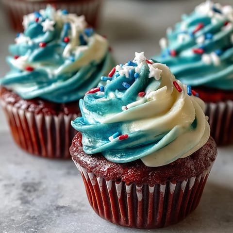Vibrant Star-Spangled Banner Cupcakes showcase swirled red, white, and blue frosting, perfect for holidays.