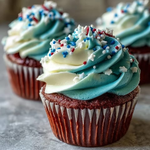 Festive Star-Spangled Banner Cupcakes feature a patriotic edible flag atop creamy, swirled frosting.