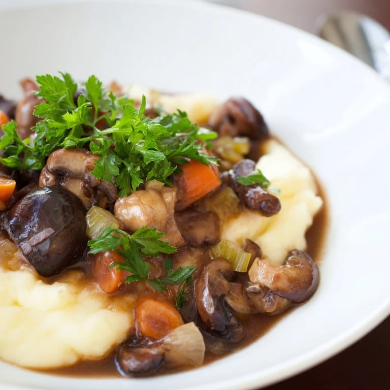 Finished Rich Mushroom Stew served over creamy root vegetable mash, ready to eat.