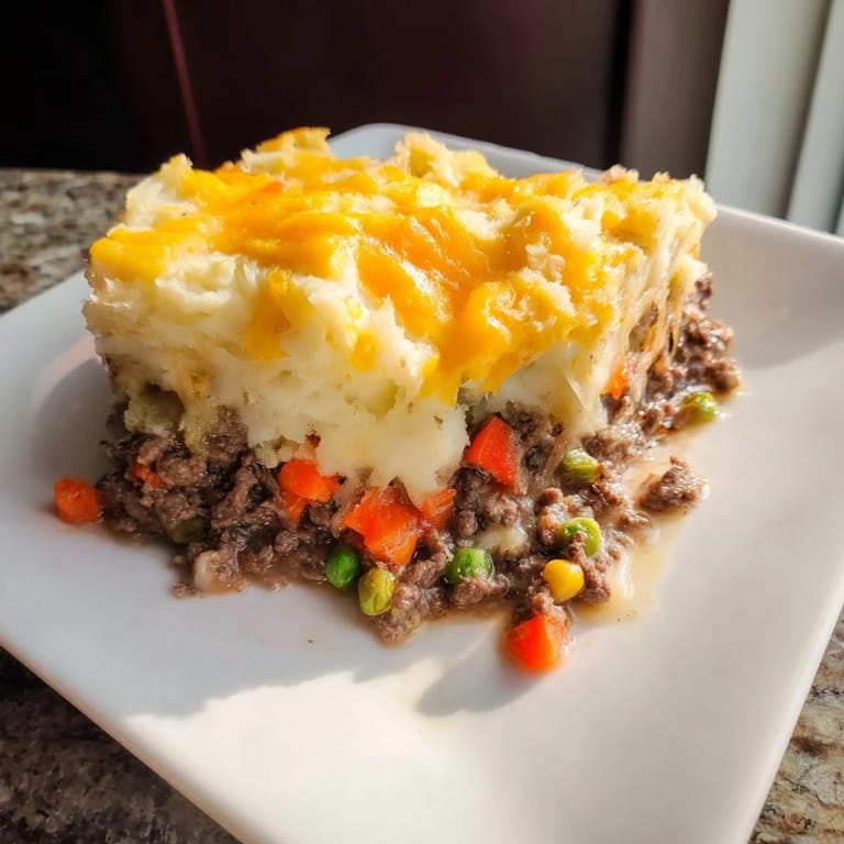 A close-up of Budget Shepherds Pie, showcasing the textures of beef, veggies, and cheesy topping.