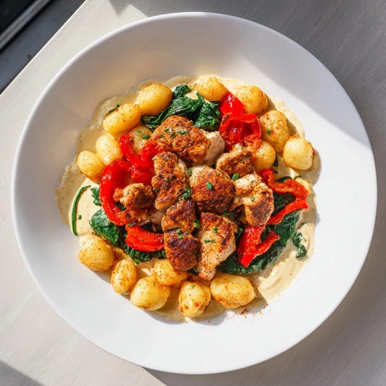 Flavorful Cajun-Spiced Chicken & Gnocchi features tender chicken in a rich, creamy sauce ready in minutes.
