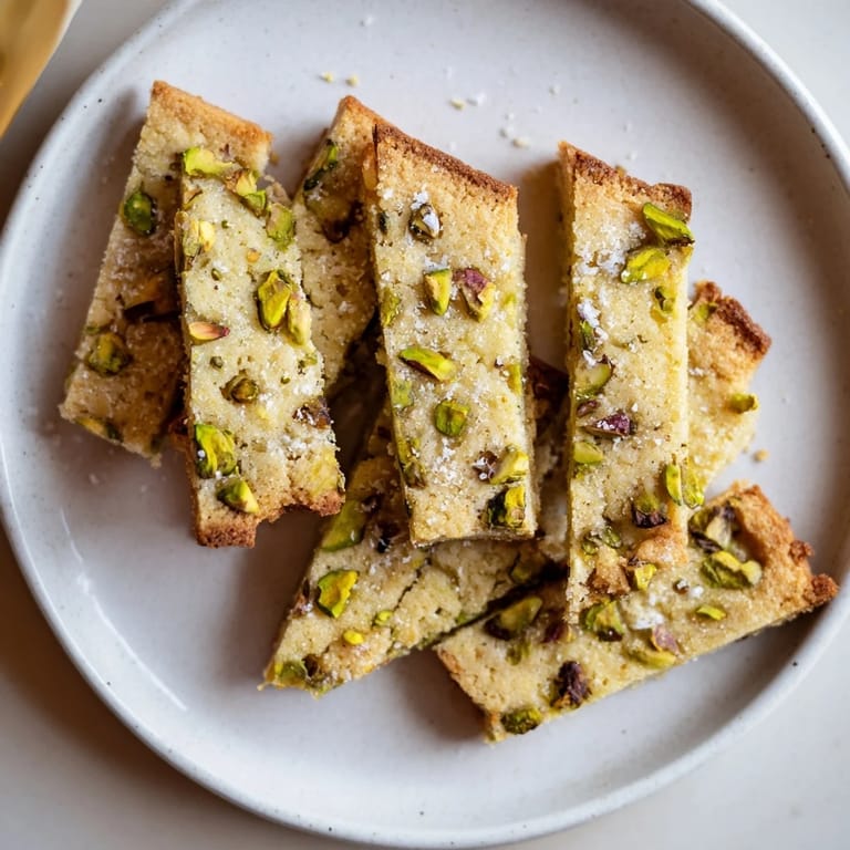 Freshly baked salted pistachio slice & bake shortbread, offering a delightful buttery, nutty aroma with every bite.