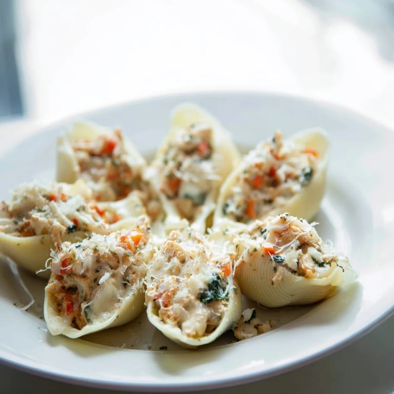 A close-up of High-Protein Cottage Cheese Alfredo Christmas Shells, garnished with parsley and red peppers.