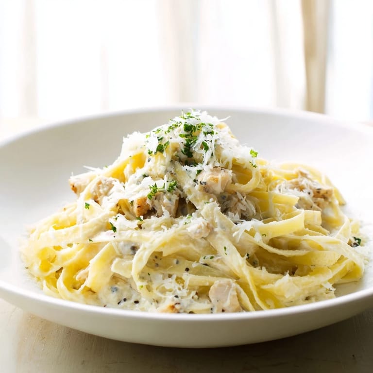 A delightful bowl of Skinny Alfredo Garlic Parmesan Pasta, featuring a rich, velvety sauce over perfectly cooked noodles.