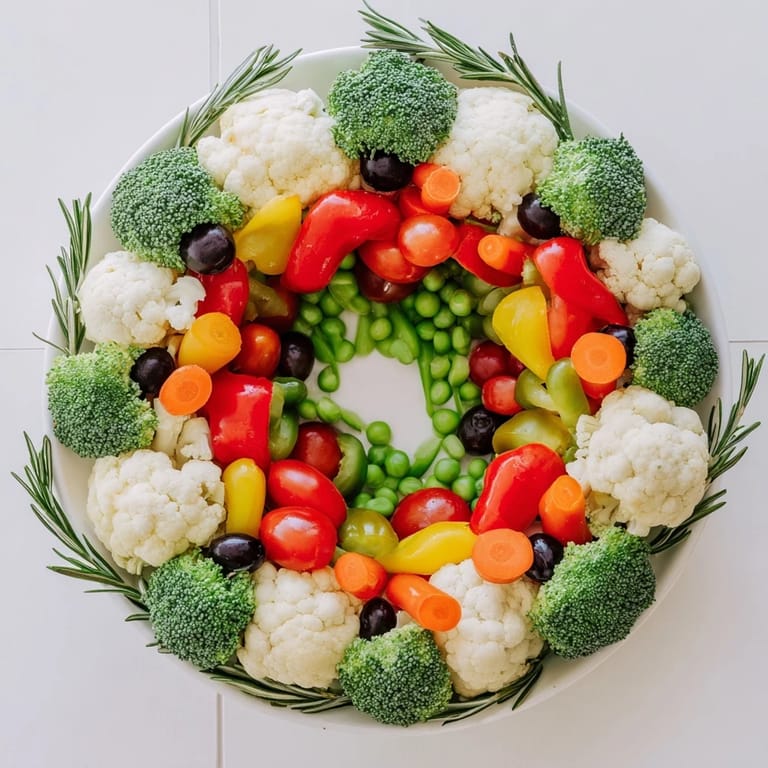 Vibrant Garland Veggie Wreath, featuring broccoli, cauliflower, tomatoes and creamy dip center.