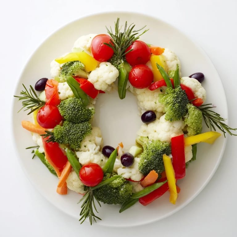 Fresh, healthy Garland Veggie Wreath, perfect appetizer with an arrangement of colorful vegetables.