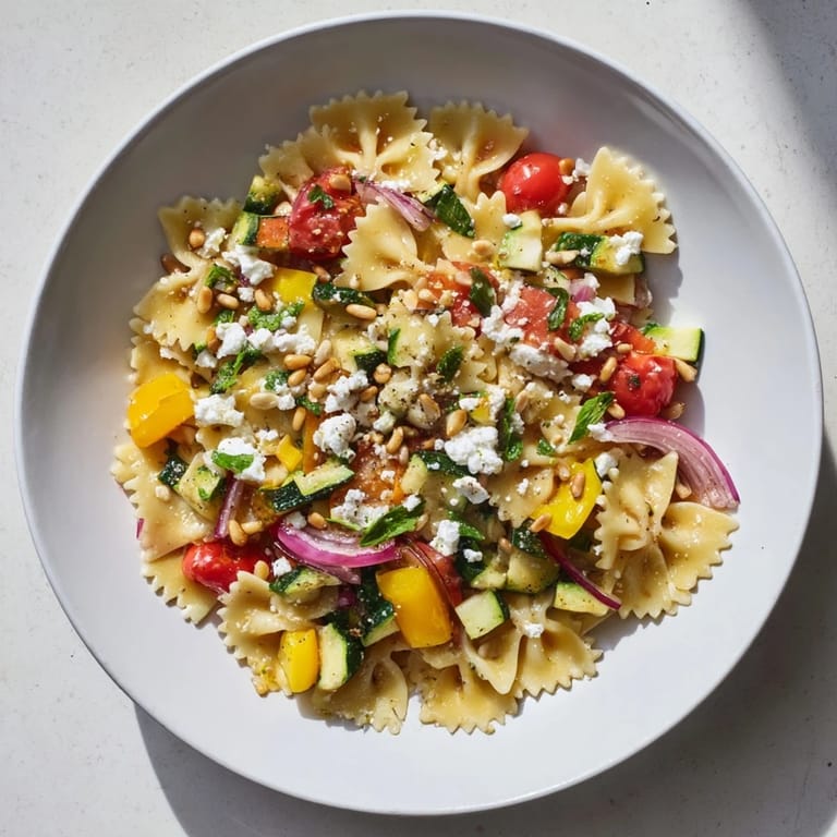 Colorful bow tie pasta tossed with roasted vegetables, a delightful vegetarian platter.