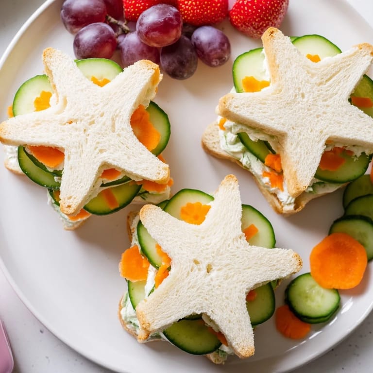 Arrangement of sweet and savory Beach Day Starfish sandwiches surrounded by fresh fruit and snacks.