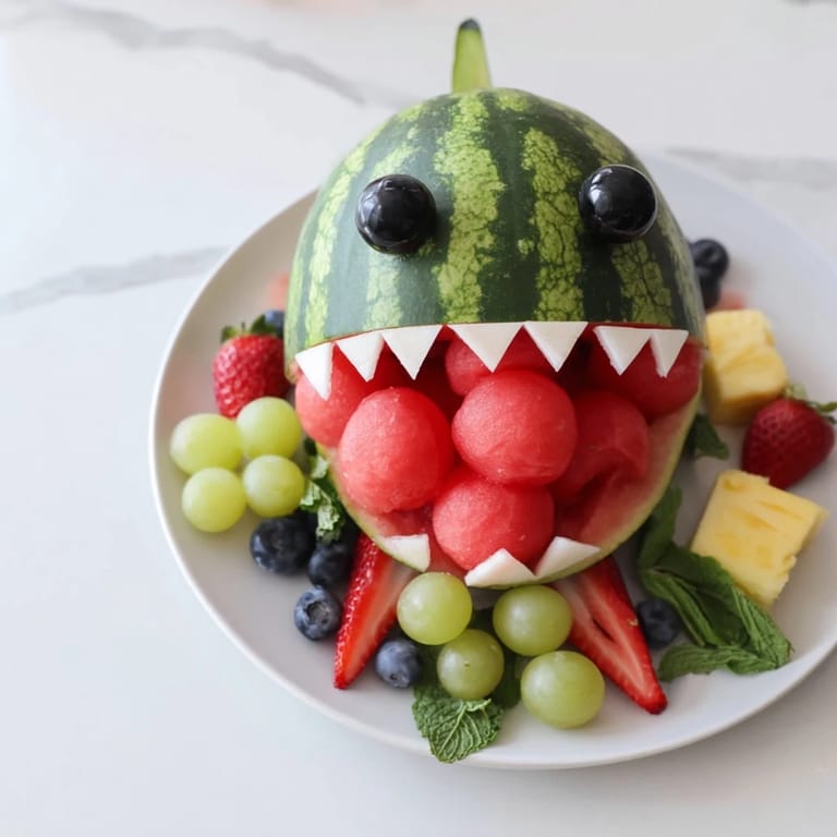 This colorful Watermelon Wave Shark Snack Board features a playful watermelon shark filled with summer fruit.