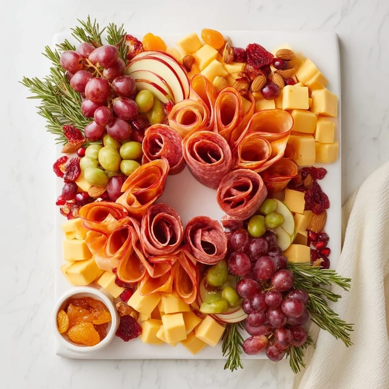 A beautiful Holiday Bow Appetizer Platter overflowing with savory treats, featuring grapes and cheese in a festive arrangement.