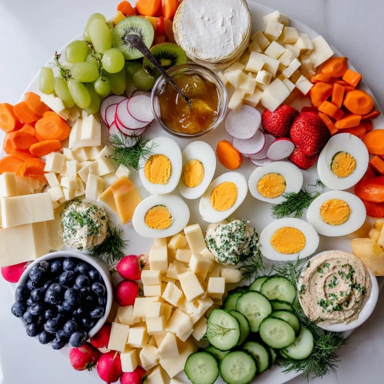 Vibrant colors abound on this Easter Egg-cellent Brunch Board, featuring hard-boiled eggs, berries, and creamy goat cheese.
