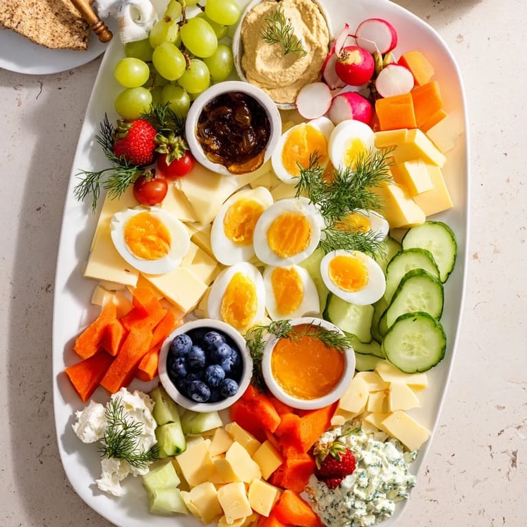 Imagine sharing this beautiful Easter Egg-cellent Brunch Board, complete with honey, hummus, and delightful spring flavors.