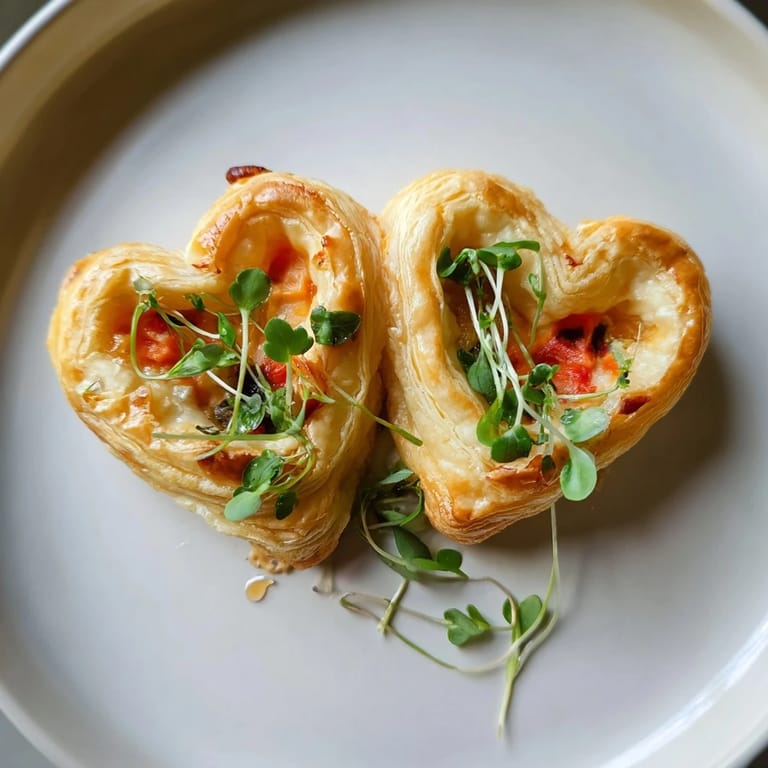 Delicate golden Cœurs Entrelacés sit ready to serve, a Valentine's Day appetizer with a rich flavor.