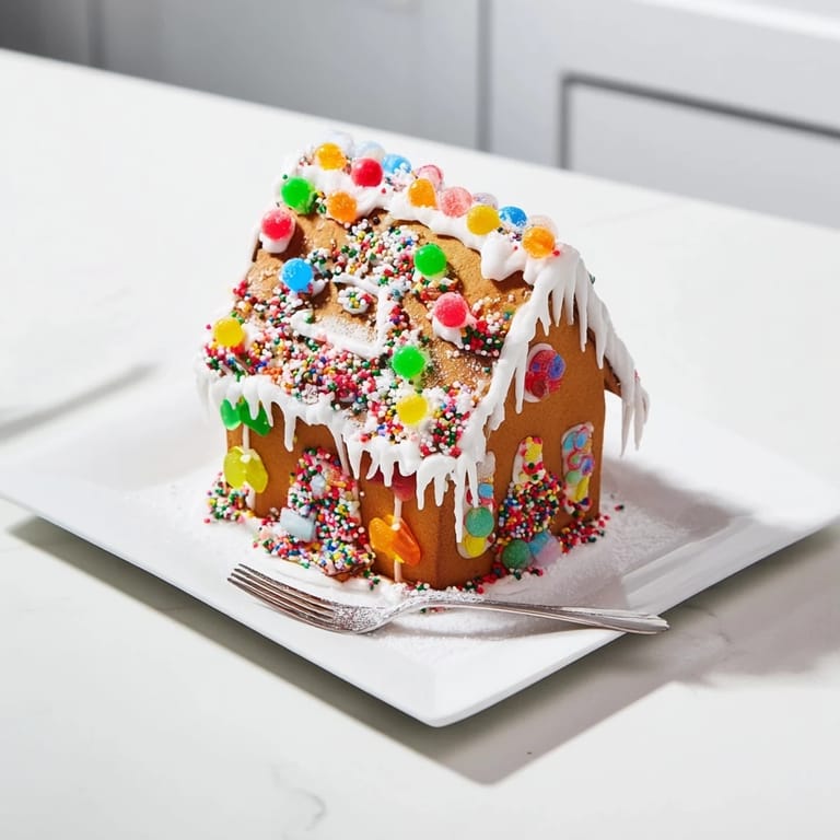 This festive photo shows a completed gingerbread house; its walls are covered in sweet, edible decorations.
