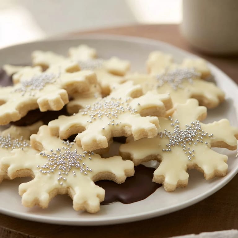 Freshly baked Winter Snowflake Platter cookies, arranged on a festive plate, perfect with hot cocoa.
