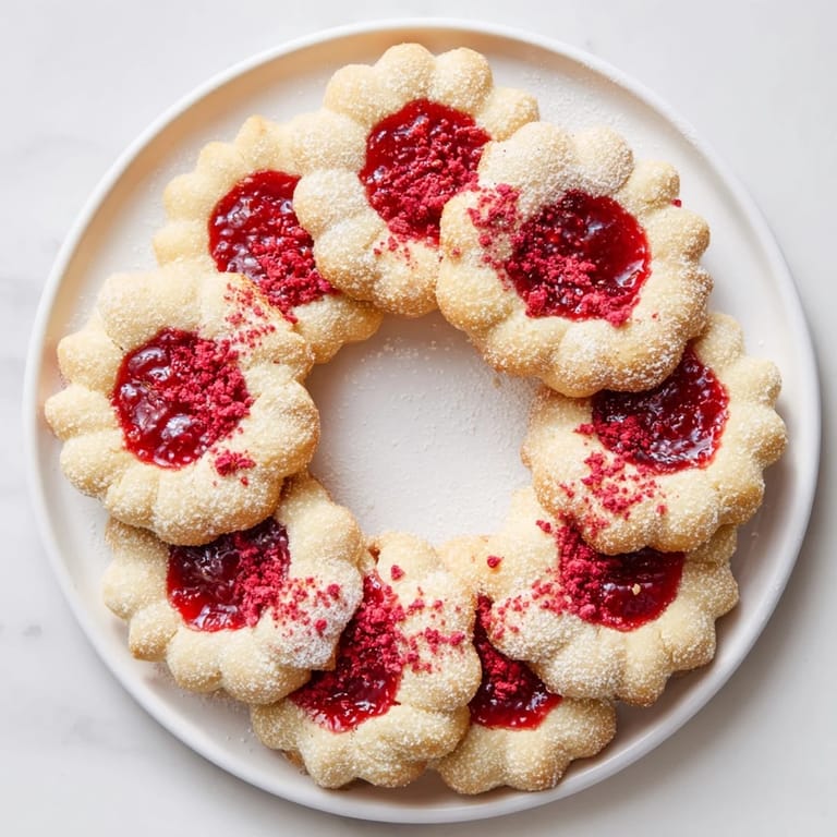 Close-up of baked raspberry wreath cookies revealing the jam filling, ready to serve on a holiday pastry board.
