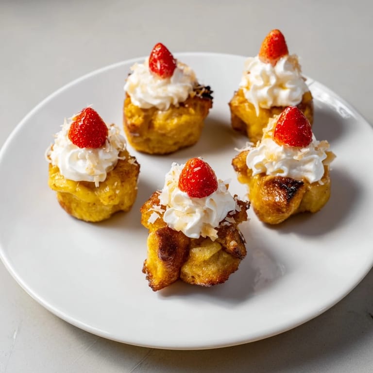 Warm, buttery Santa Hat Bread Pudding Bites served with fresh whipped cream and juicy strawberries.