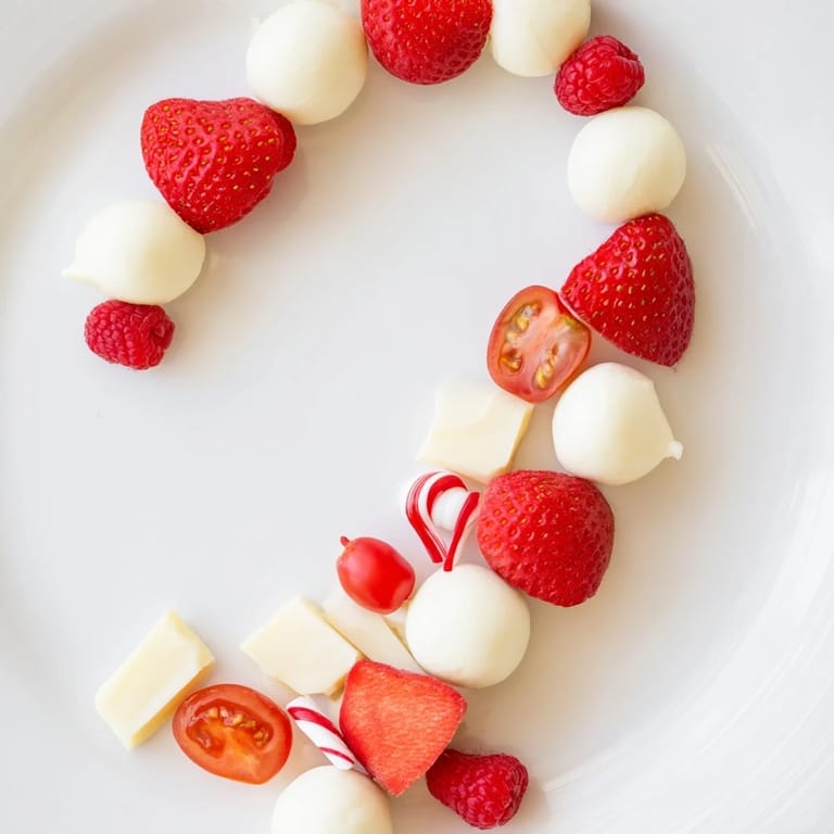 A brightly styled Festive Red and White Candy Cane Snack Board with fresh berries and creamy cheeses for serving.