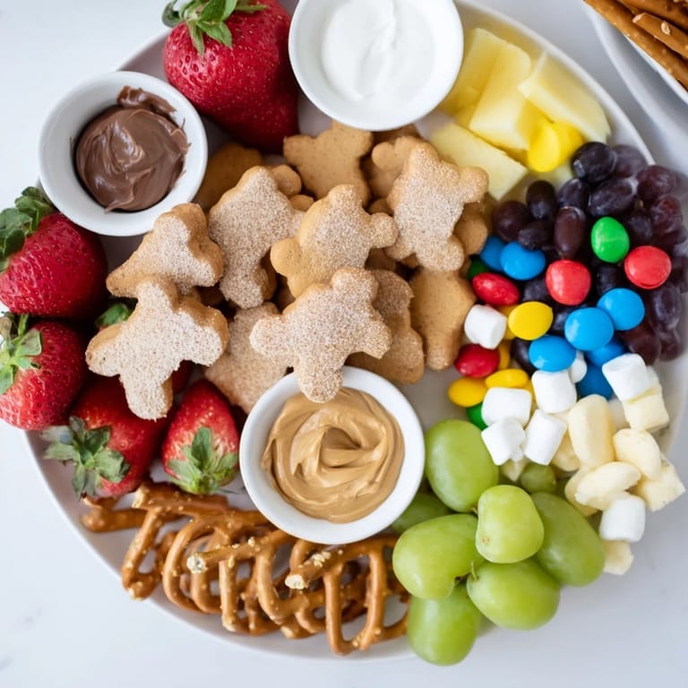 Colorful Animal Cracker Safari Board: a child's delight with grapes, strawberries, and creamy yogurt dip.