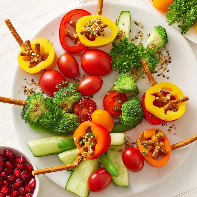 Close-up of colorful Themed Crudités: Veggie Christmas Ornament Dippers, served with creamy hummus and ranch dips.