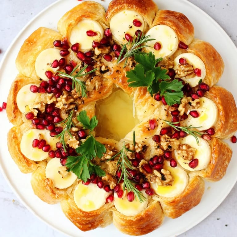 Savory Pomegranate and Brie Wreath: flaky puff pastry swirled around creamy cheese, dotted with ruby pomegranate seeds.