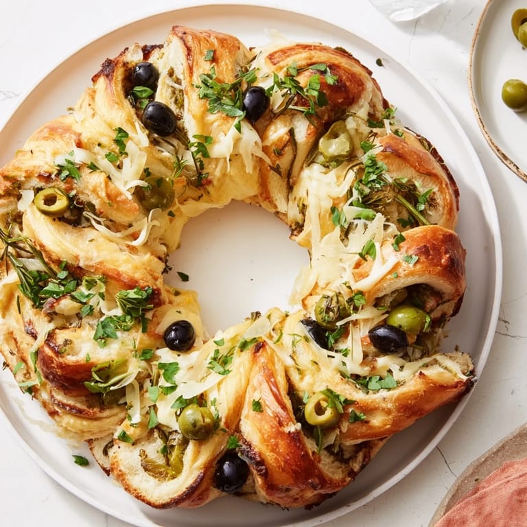 This warm, pull-apart Savory Herb and Cheese Olive Wreath features melted cheese and fresh herbs, perfect for sharing.